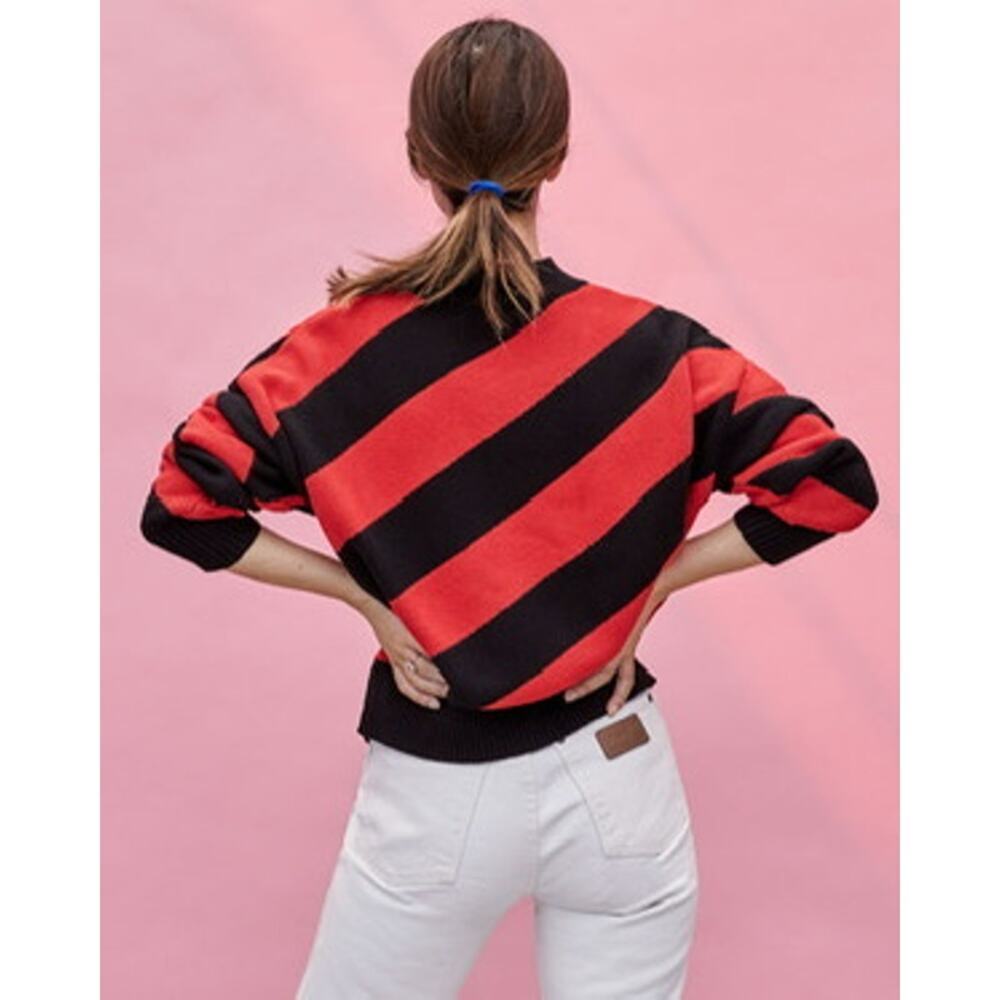 CLARE V. DROP Cotton Cashmere SHOULDER SWEATER BLACK/POPPY Stripe Size Large - Picture 2 of 8